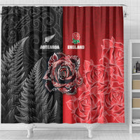 New Zealand And England Rugby Shower Curtain Red Rose Mix Maori Pattern - Polynesian Pride