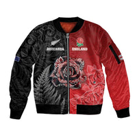 New Zealand And England Rugby Custom Sleeve Zip Bomber Jacket Red Rose Mix Maori Pattern - Polynesian Pride