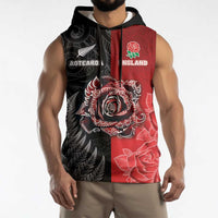 New Zealand And England Rugby Custom Sleeveless Hoodie Red Rose Mix Maori Pattern - Polynesian Pride