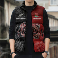 New Zealand And England Rugby Custom Sleeveless Puffer Jacket Red Rose Mix Maori Pattern - Polynesian Pride