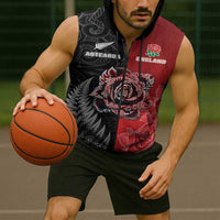 New Zealand And England Rugby Custom Sleeveless Zip Hoodie Red Rose Mix Maori Pattern - Polynesian Pride