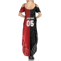 New Zealand And England Rugby Custom Summer Maxi Dress Red Rose Mix Maori Pattern - Polynesian Pride