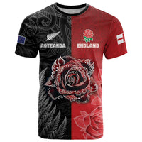 New Zealand And England Rugby Custom T Shirt Red Rose Mix Maori Pattern LT05 Black - Polynesian Pride
