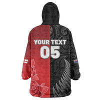 New Zealand And England Rugby Custom Wearable Blanket Hoodie Red Rose Mix Maori Pattern - Polynesian Pride