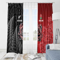 New Zealand And England Rugby Window Curtain Red Rose Mix Maori Pattern - Polynesian Pride