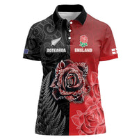 New Zealand And England Rugby Custom Women Polo Shirt Red Rose Mix Maori Pattern - Polynesian Pride