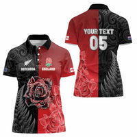 New Zealand And England Rugby Custom Women Polo Shirt Red Rose Mix Maori Pattern - Polynesian Pride