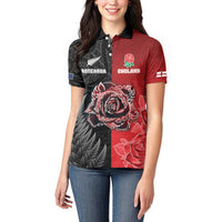 New Zealand And England Rugby Custom Women Polo Shirt Red Rose Mix Maori Pattern - Polynesian Pride