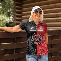 New Zealand And England Rugby Custom Women Polo Shirt Red Rose Mix Maori Pattern - Polynesian Pride