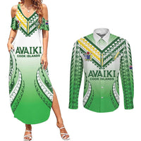 Custom Cook Islands Avaiki Rugby Couples Matching Summer Maxi Dress and Long Sleeve Button Shirt Go Champions LT05 Green - Polynesian Pride