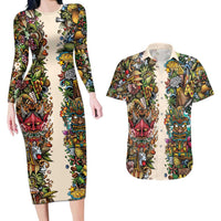 Hawaii And Japan Couples Matching Long Sleeve Bodycon Dress and Hawaiian Shirt Tiki With Oni Mask - Polynesian Pride