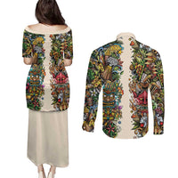 Hawaii And Japan Couples Matching Puletasi and Long Sleeve Button Shirt Tiki With Oni Mask LT05 - Polynesian Pride