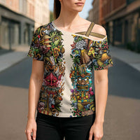 Hawaii And Japan Cross Shoulder Shirt Tiki With Oni Mask LT05 - Polynesian Pride