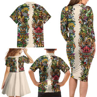 Hawaii And Japan Family Matching Long Sleeve Bodycon Dress and Hawaiian Shirt Tiki With Oni Mask - Polynesian Pride