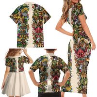 Hawaii And Japan Family Matching Short Sleeve Bodycon Dress and Hawaiian Shirt Tiki With Oni Mask - Polynesian Pride