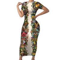 Hawaii And Japan Family Matching Short Sleeve Bodycon Dress and Hawaiian Shirt Tiki With Oni Mask - Polynesian Pride