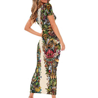 Hawaii And Japan Family Matching Short Sleeve Bodycon Dress and Hawaiian Shirt Tiki With Oni Mask - Polynesian Pride