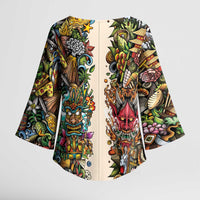 Hawaii And Japan Kimono Sleeve Blouse Tiki With Oni Mask LT05 - Polynesian Pride