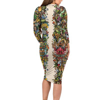Hawaii And Japan Long Sleeve Bodycon Dress Tiki With Oni Mask - Polynesian Pride