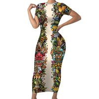 Hawaii And Japan Short Sleeve Bodycon Dress Tiki With Oni Mask LT05 Long Dress Colorful - Polynesian Pride