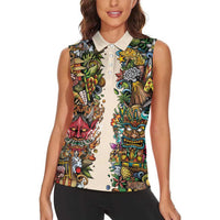 Hawaii And Japan Women Sleeveless Polo Shirt Tiki With Oni Mask LT05 - Polynesian Pride