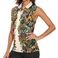 Hawaii And Japan Women Sleeveless Polo Shirt Tiki With Oni Mask LT05 - Polynesian Pride
