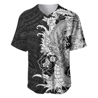 Hawaiian And Japanese Culture Baseball Jersey Irezumi Dragon With Polynesian Pattern Black LT05 Black - Polynesian Pride