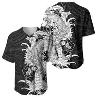 Hawaiian And Japanese Culture Baseball Jersey Irezumi Dragon With Polynesian Pattern Black LT05 - Polynesian Pride