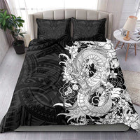 Hawaiian And Japanese Culture Bedding Set Irezumi Dragon With Polynesian Pattern Black - Polynesian Pride