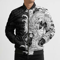 Hawaiian And Japanese Culture Bomber Puffer Jacket Irezumi Dragon With Polynesian Pattern Black LT05 - Polynesian Pride