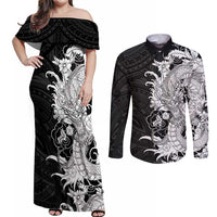 Hawaiian And Japanese Culture Couples Matching Off Shoulder Maxi Dress and Long Sleeve Button Shirt Irezumi Dragon With Polynesian Pattern Black - Polynesian Pride