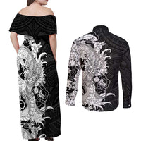 Hawaiian And Japanese Culture Couples Matching Off Shoulder Maxi Dress and Long Sleeve Button Shirt Irezumi Dragon With Polynesian Pattern Black - Polynesian Pride