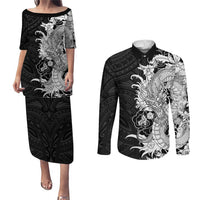 Hawaiian And Japanese Culture Couples Matching Puletasi and Long Sleeve Button Shirt Irezumi Dragon With Polynesian Pattern Black - Polynesian Pride