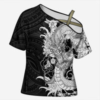 Hawaiian And Japanese Culture Cross Shoulder Shirt Irezumi Dragon With Polynesian Pattern Black LT05 Female Black - Polynesian Pride