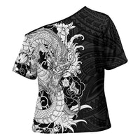 Hawaiian And Japanese Culture Cross Shoulder Shirt Irezumi Dragon With Polynesian Pattern Black LT05 - Polynesian Pride