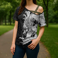 Hawaiian And Japanese Culture Cross Shoulder Shirt Irezumi Dragon With Polynesian Pattern Black LT05 - Polynesian Pride