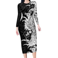 Hawaiian And Japanese Culture Family Matching Long Sleeve Bodycon Dress and Hawaiian Shirt Irezumi Dragon With Polynesian Pattern Black - Polynesian Pride