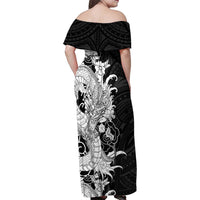 Hawaiian And Japanese Culture Family Matching Off Shoulder Maxi Dress and Hawaiian Shirt Irezumi Dragon With Polynesian Pattern Black - Polynesian Pride