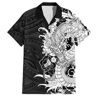 Hawaiian And Japanese Culture Family Matching Off Shoulder Short Dress and Hawaiian Shirt Irezumi Dragon With Polynesian Pattern Black - Polynesian Pride
