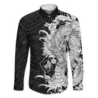 Hawaiian And Japanese Culture Family Matching Off Shoulder Short Dress and Hawaiian Shirt Irezumi Dragon With Polynesian Pattern Black - Polynesian Pride