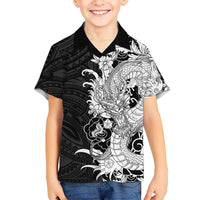 Hawaiian And Japanese Culture Family Matching Off Shoulder Short Dress and Hawaiian Shirt Irezumi Dragon With Polynesian Pattern Black - Polynesian Pride