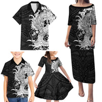 Hawaiian And Japanese Culture Family Matching Puletasi and Hawaiian Shirt Irezumi Dragon With Polynesian Pattern Black - Polynesian Pride