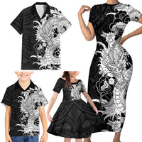Hawaiian And Japanese Culture Family Matching Short Sleeve Bodycon Dress and Hawaiian Shirt Irezumi Dragon With Polynesian Pattern Black - Polynesian Pride