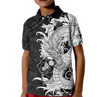 Hawaiian And Japanese Culture Kid Polo Shirt Irezumi Dragon With Polynesian Pattern Black LT05 Kid Black - Polynesian Pride