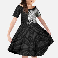 Hawaiian And Japanese Culture Kid Short Sleeve Dress Irezumi Dragon With Polynesian Pattern Black LT05 KID Black - Polynesian Pride