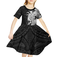 Hawaiian And Japanese Culture Kid Short Sleeve Dress Irezumi Dragon With Polynesian Pattern Black LT05 - Polynesian Pride