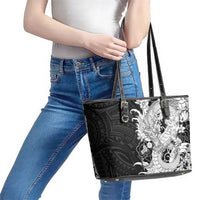 Hawaiian And Japanese Culture Leather Tote Bag Irezumi Dragon With Polynesian Pattern Black - Polynesian Pride
