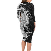 Hawaiian And Japanese Culture Long Sleeve Bodycon Dress Irezumi Dragon With Polynesian Pattern Black - Polynesian Pride