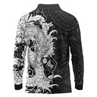 Hawaiian And Japanese Culture Long Sleeve Polo Shirt Irezumi Dragon With Polynesian Pattern Black LT05 - Polynesian Pride