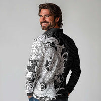Hawaiian And Japanese Culture Long Sleeve Polo Shirt Irezumi Dragon With Polynesian Pattern Black LT05 - Polynesian Pride